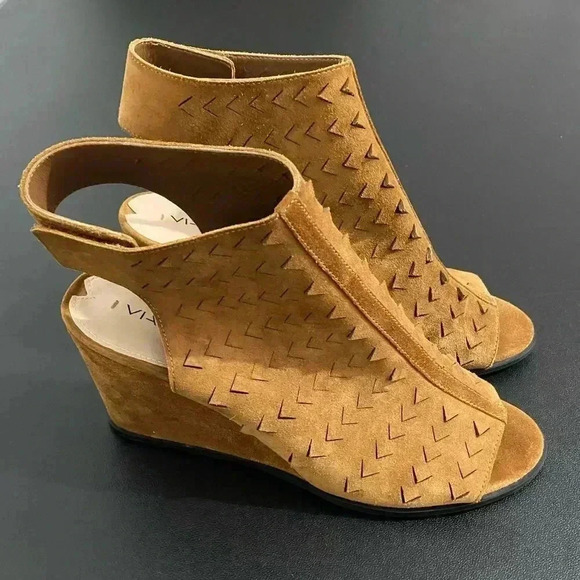 Via Spiga Wedge Heel Sandals New NWOT Brown Cognac Leather Suede - Picture 5 of 13